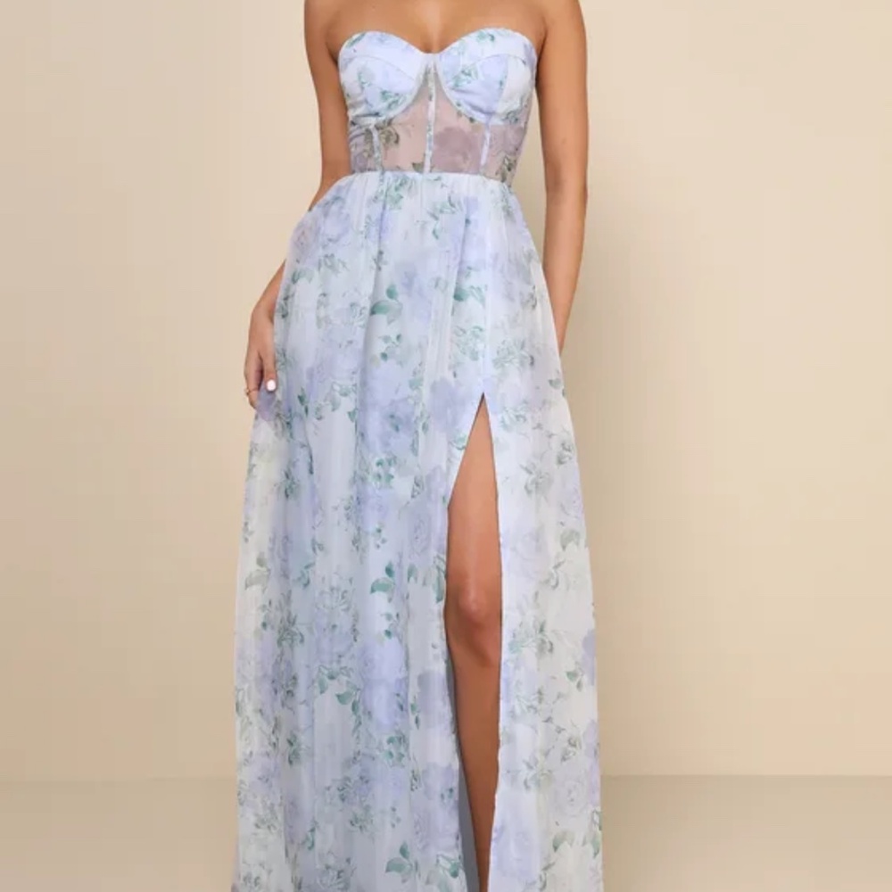Lulus Charming Sweetness Periwinkle Floral Organza Bustier Maxi Dress